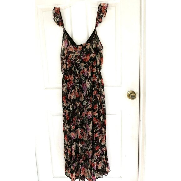 Forever 21 Babydoll Dress M Sheer Ruffles Asymmetric Dark Floral Fairy Cottageco - Picture 6 of 13